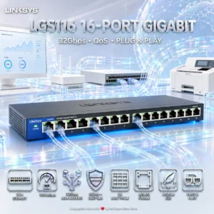 Linksys LGS116 16-Port Business Desktop Gigabit Switch, Unmanaged, 32Gbps Non-Blocking, QoS, Jumbo Frame, 8K MAC Table, Energy Efficient Ethernet, Plug-and-Play 