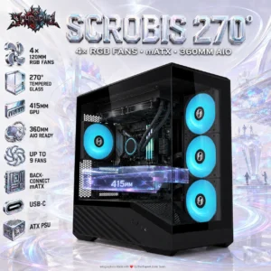 Schrapnel Scrobis 270° mATX Gaming Case, 4× 120mm RGB Built-in Fans, 270° Dual Tempered Glass, 415mm GPU, 360mm AIO, Back-Connect mATX, USB-C, ATX PSU Support | BLACK