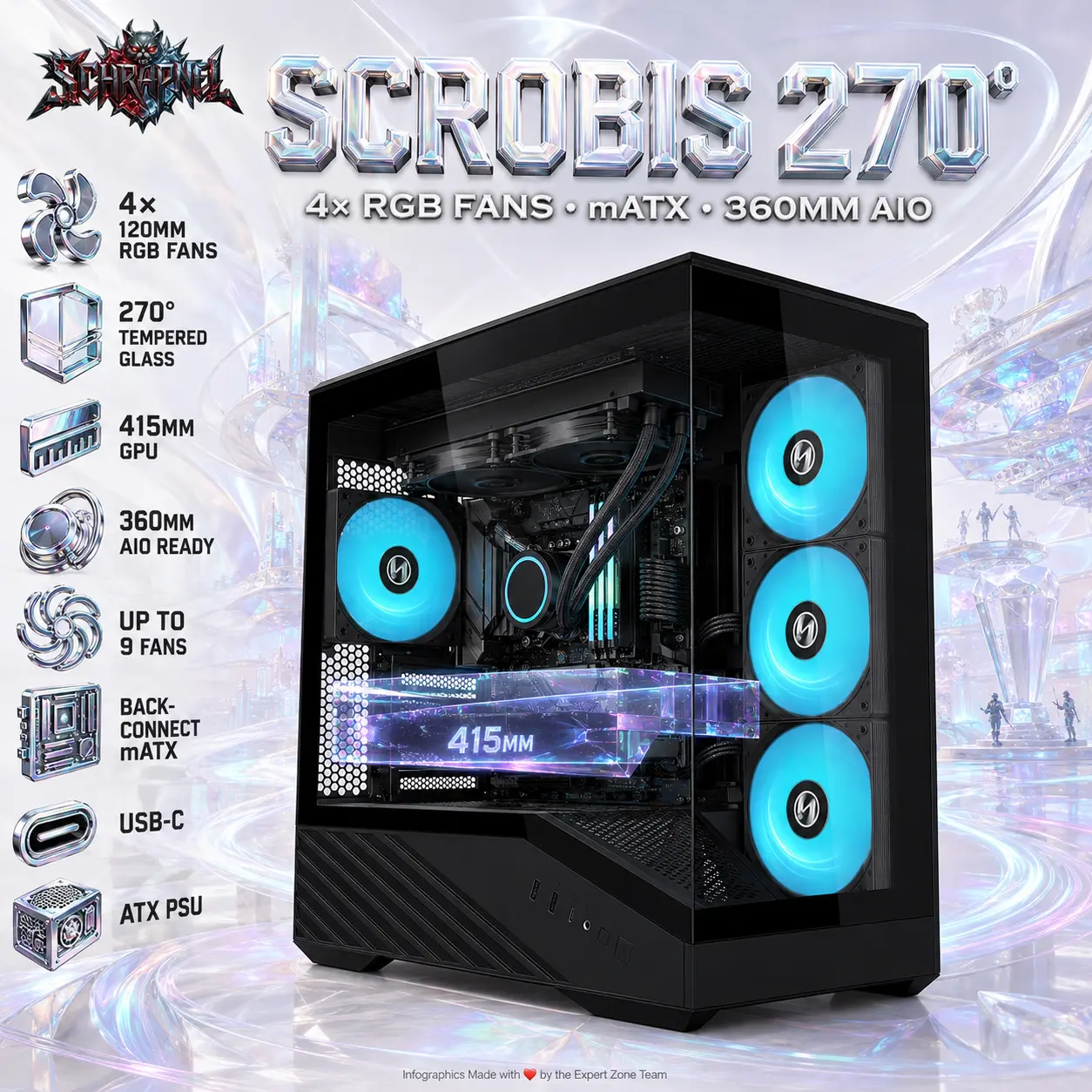 Schrapnel Scrobis 270° mATX Gaming Case, 4× 120mm RGB Built-in Fans, 270° Dual Tempered Glass, 415mm GPU, 360mm AIO, Back-Connect mATX, USB-C, ATX PSU Support | BLACK