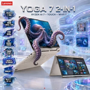 Yoga 7 2-in-1 16AKP10Yoga 7 2-in-1 : AMD Ryzen AI 7 350 | 16GB DDR5X-7500 , 1TB NVMe | Radeon 860M Graphics | 16″ WUXGA IPS Touch Display | Backlit Keyboard | Windows® 11 | Seashell