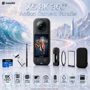 Insta360 X5 8K 360° Action Camera, Bundled with { Lexar 128GB microSDXC + USB2.0 Card Reader + Selfie Stick + Silicone Case + Lens Guards + Screen Protector + Hard Carry Case }
