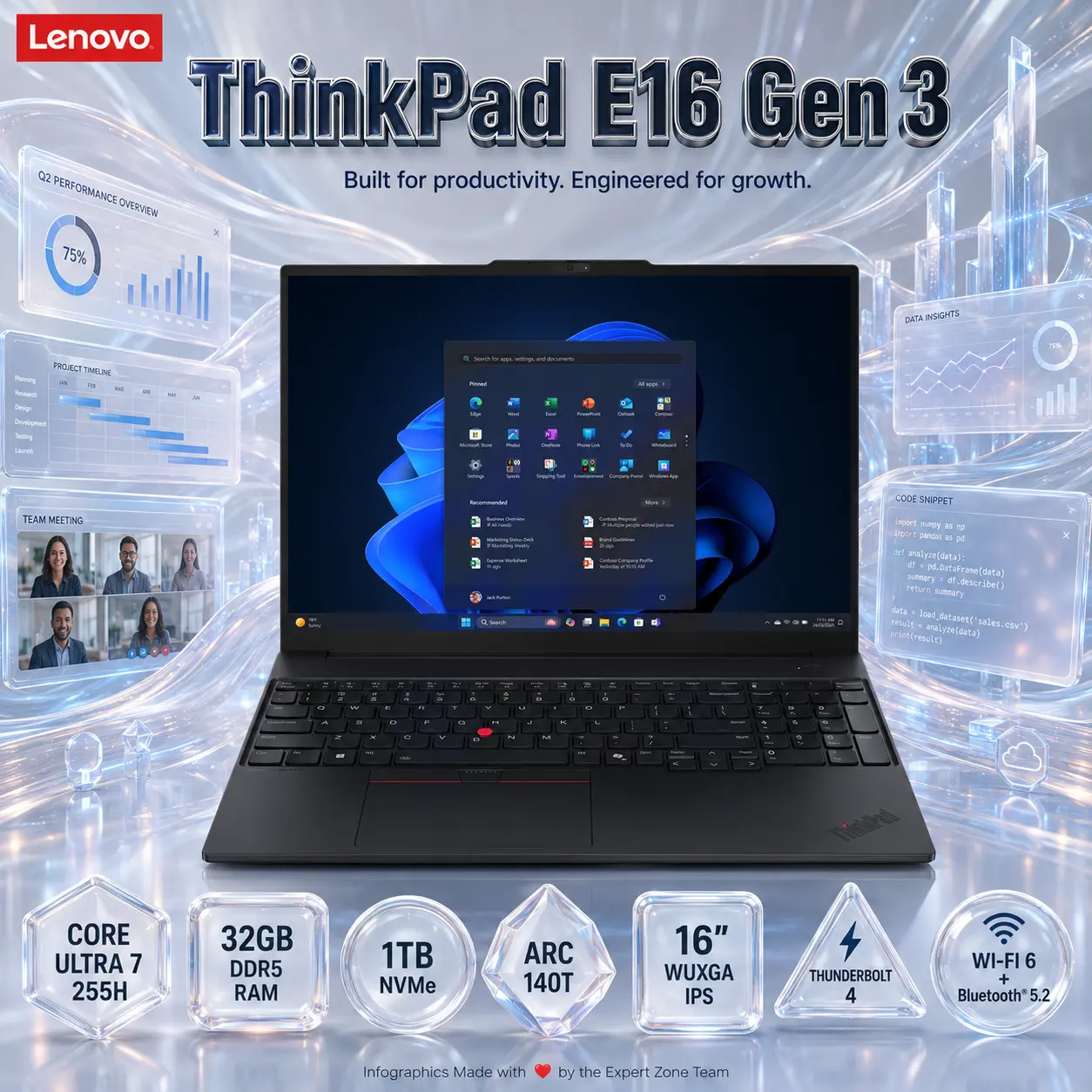 LENOVO ThinkPad E16 Gen 3 : Intel® Core Ultra 7 255H with AI Boos | 32GB DDR5 RAM , 1TB NVMe® | 16 Inch WUXGA IPS Display |Intel® Arc 140T GPU | DOS | Carbon Black
