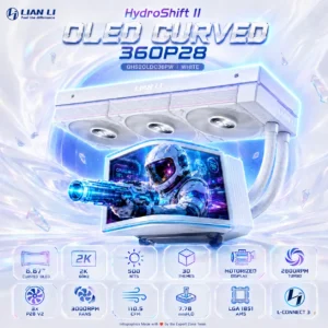 Lian Li HydroShift II OLED Curved 360P28 White AIO, 6.67″ 2K 60Hz OLED, 2800RPM Pump, 3× P28 V2 3000RPM Fans, LGA 1851/1700 & AM5/AM4, L-Connect 3, 360mm Radiator, ARGB Cooling | WHITE